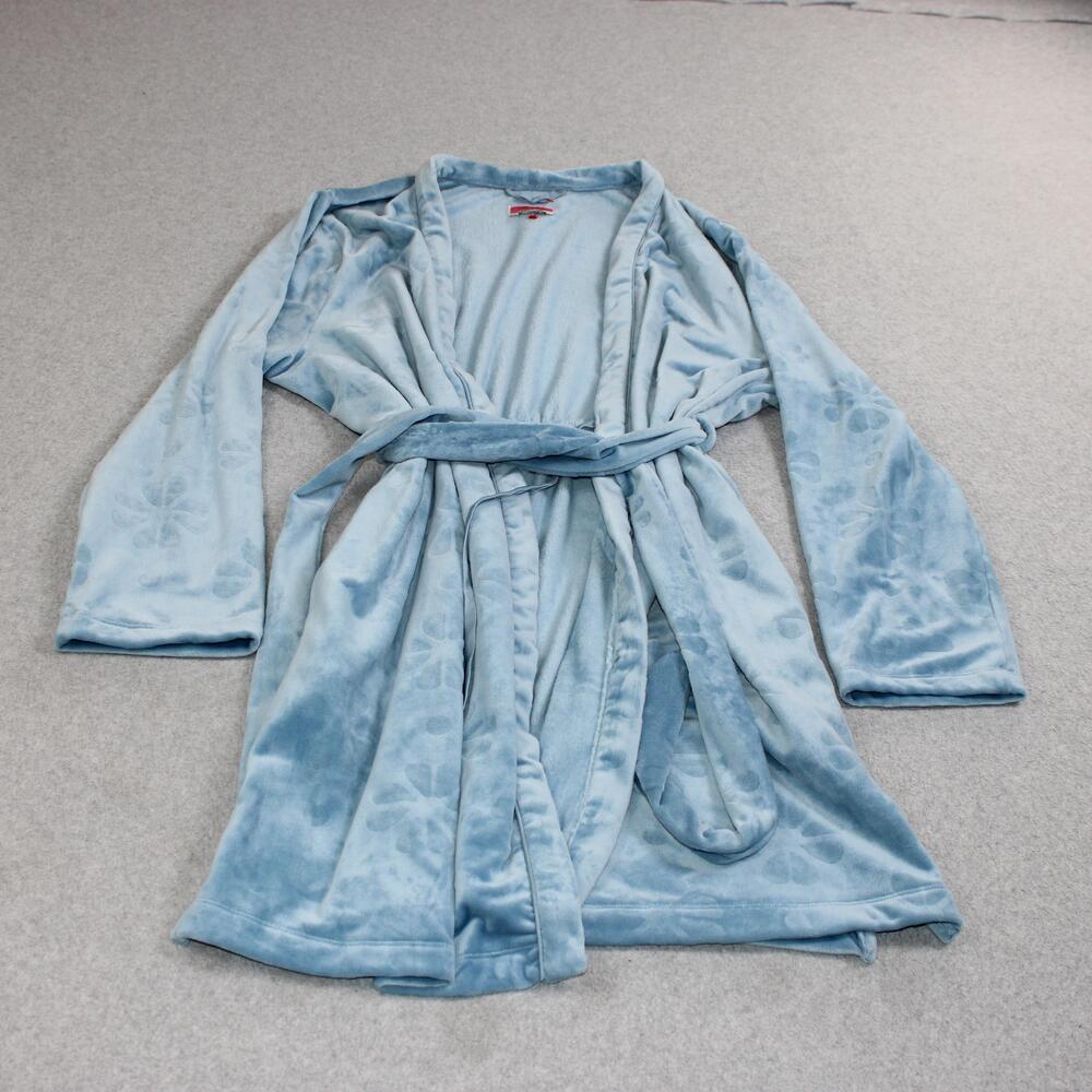 Kate Spade New York Robe Women Medium Blue Velour Bow Floral Kimono Belted Cozy